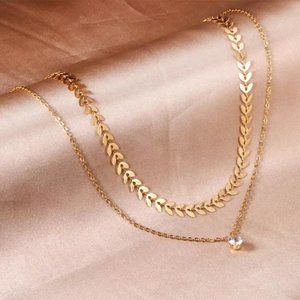 18K Gold Plated Double Leaf Chain Diamond Pendant Necklace